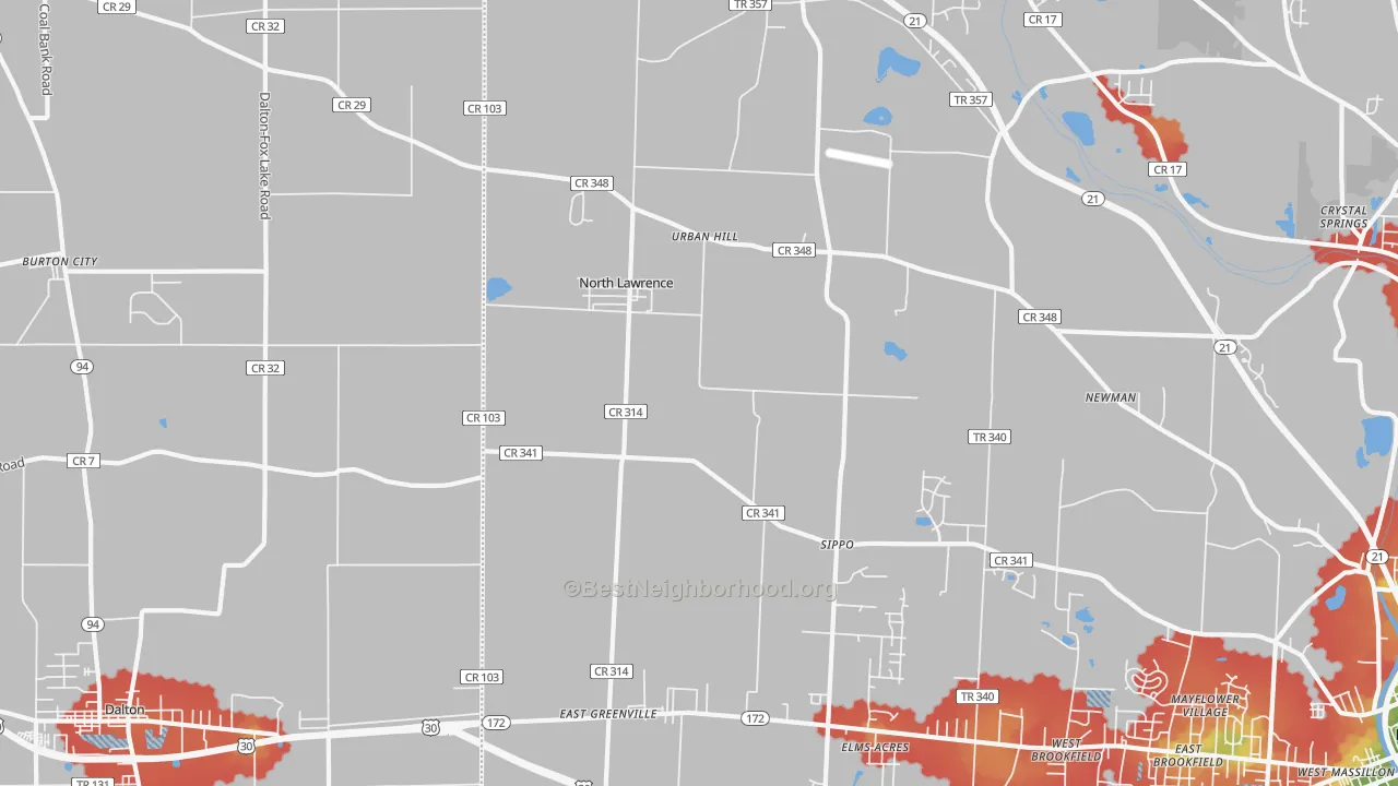 Walk Grade map of North Lawrence, OH, walkable areas in green and car-dependent areas in red