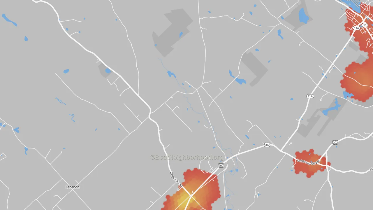 Walk Grade map of North Lebanon, ME, walkable areas in green and car-dependent areas in red