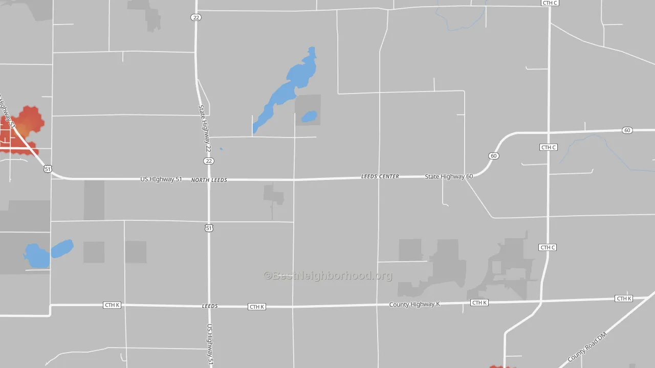 Walk Grade map of North Leeds, WI, walkable areas in green and car-dependent areas in red