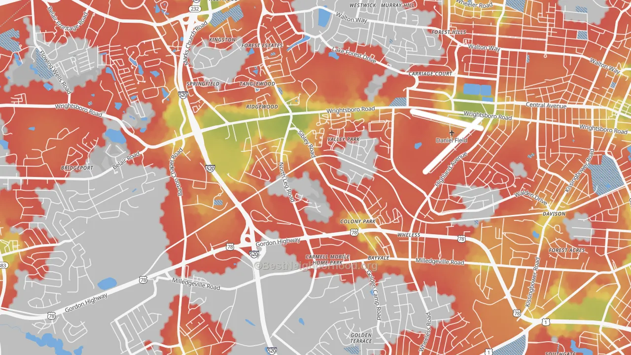 Walk Grade map of North Leg, Augusta, GA, walkable areas in green and car-dependent areas in red