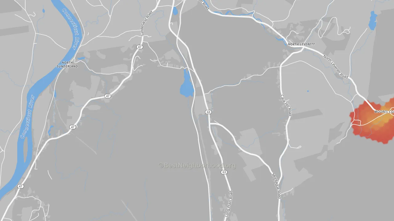 Walk Grade map of North Leverett, MA, walkable areas in green and car-dependent areas in red