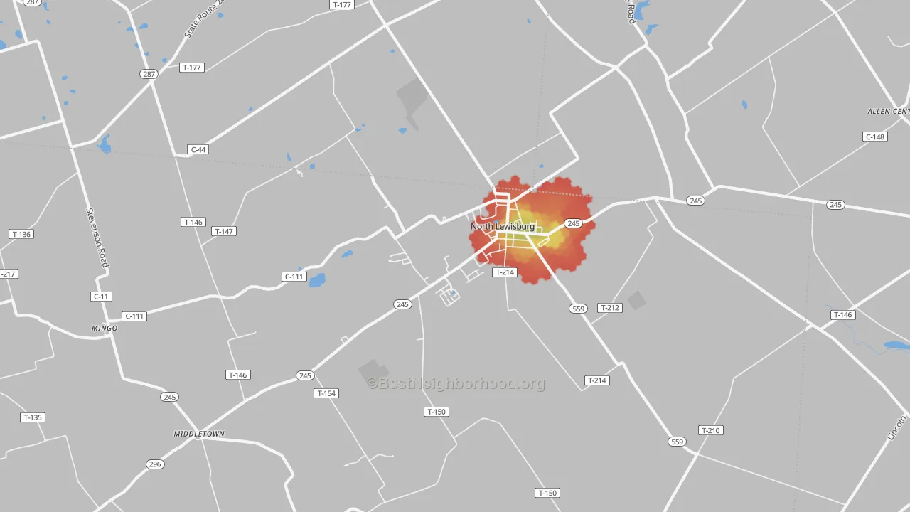 Walk Grade map of North Lewisburg, OH, walkable areas in green and car-dependent areas in red
