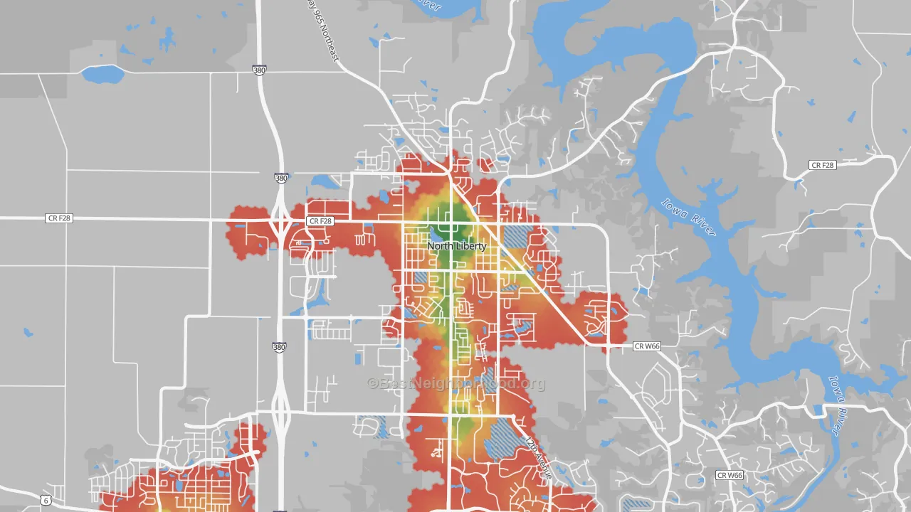 Walk Grade map of North Liberty, IA, walkable areas in green and car-dependent areas in red