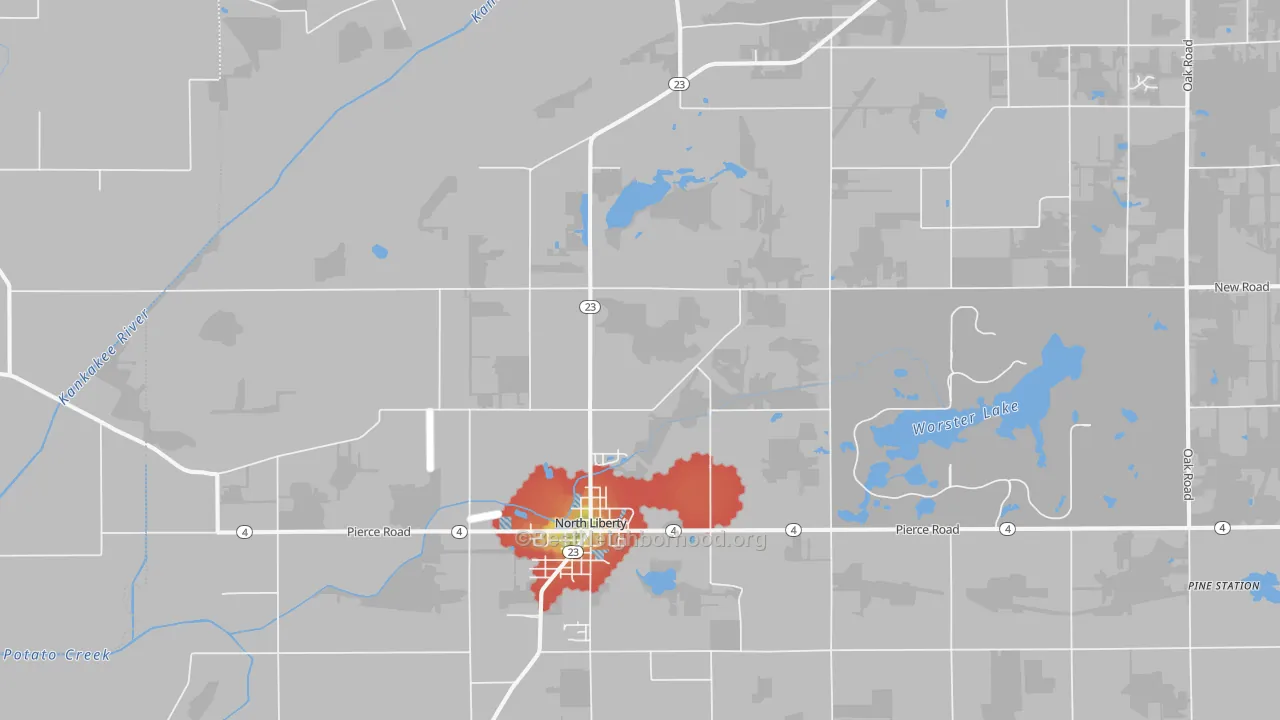 Walk Grade map of North Liberty, IN, walkable areas in green and car-dependent areas in red