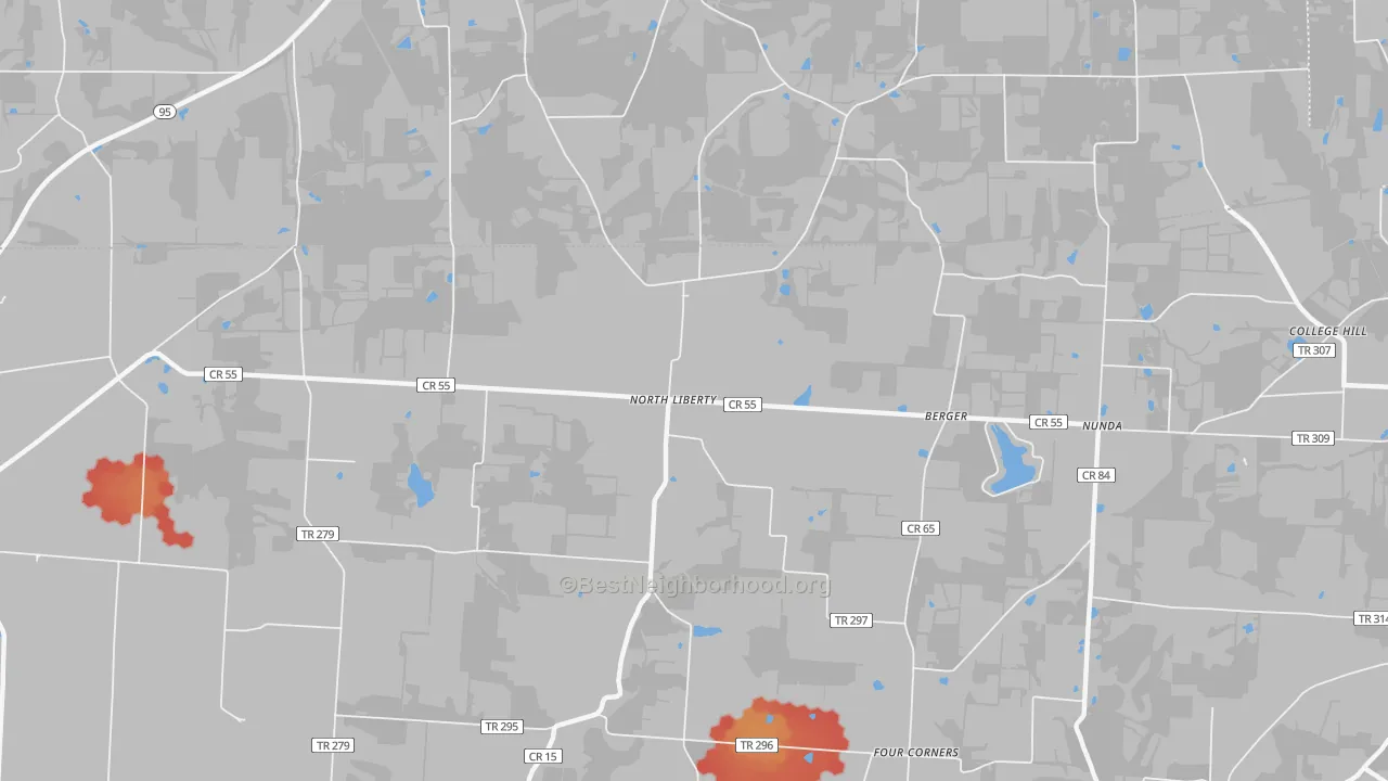 Walk Grade map of North Liberty, OH, walkable areas in green and car-dependent areas in red
