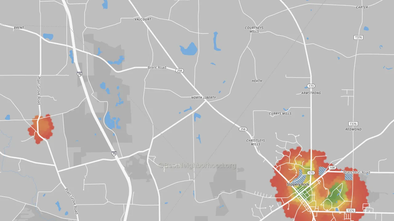 Walk Grade map of North Liberty, PA, walkable areas in green and car-dependent areas in red