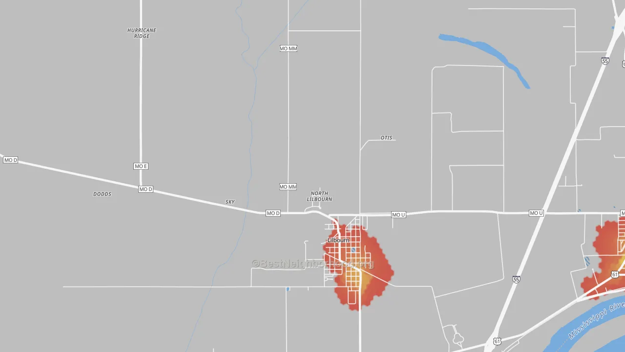 Walk Grade map of North Lilbourn, MO, walkable areas in green and car-dependent areas in red