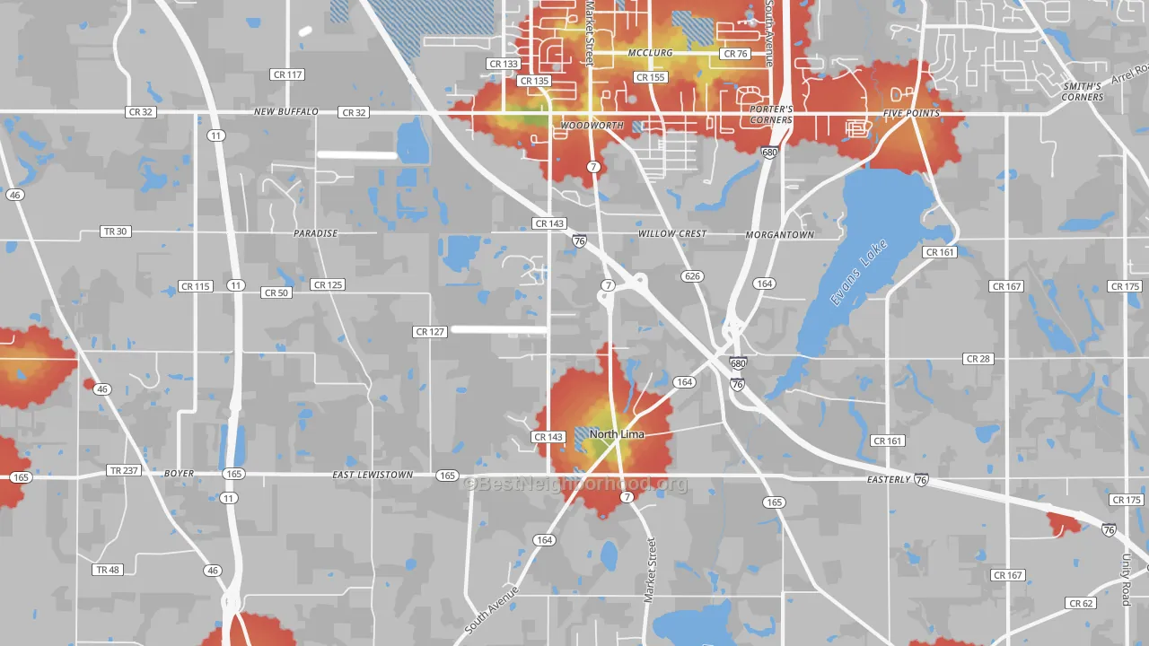 Walk Grade map of North Lima, OH, walkable areas in green and car-dependent areas in red