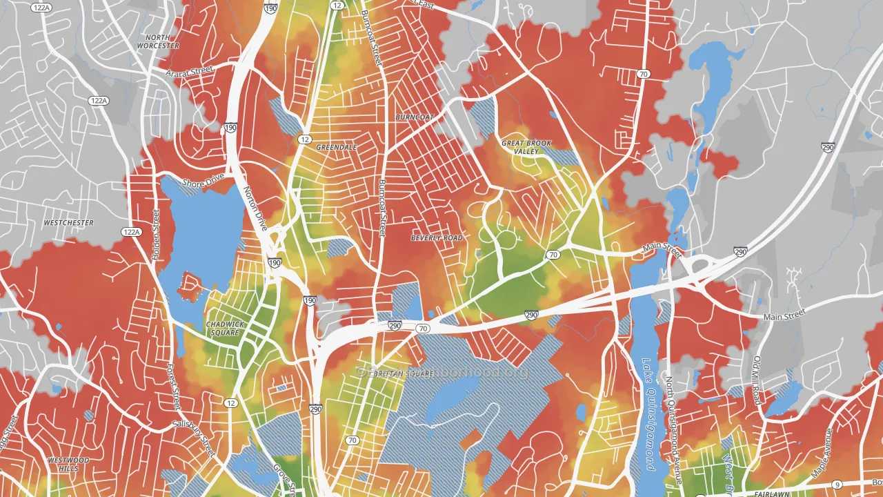 Walk Grade map of North Lincoln Street, Worcester, MA, walkable areas in green and car-dependent areas in red