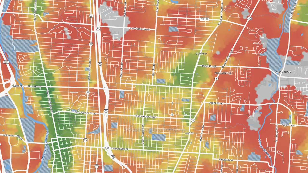 Walk Grade map of North Linden, Columbus, OH, walkable areas in green and car-dependent areas in red