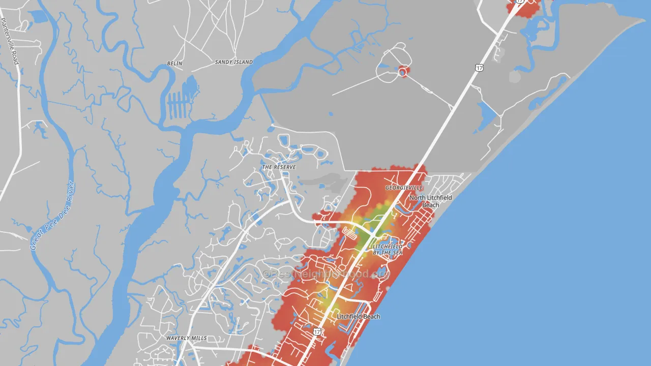Walk Grade map of North Litchfield Beach, SC, walkable areas in green and car-dependent areas in red