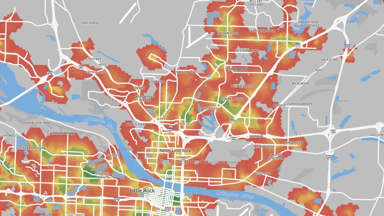 Walk Grade map of North Little Rock, AR, walkable areas in green and car-dependent areas in red