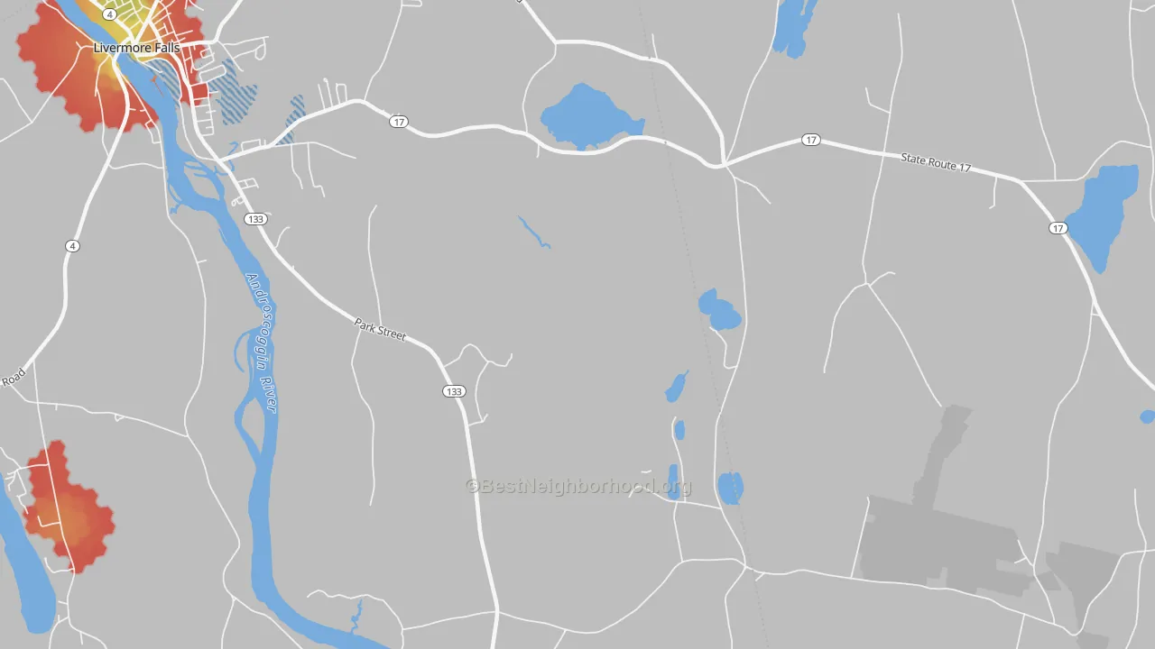 Walk Grade map of North Livermore, ME, walkable areas in green and car-dependent areas in red