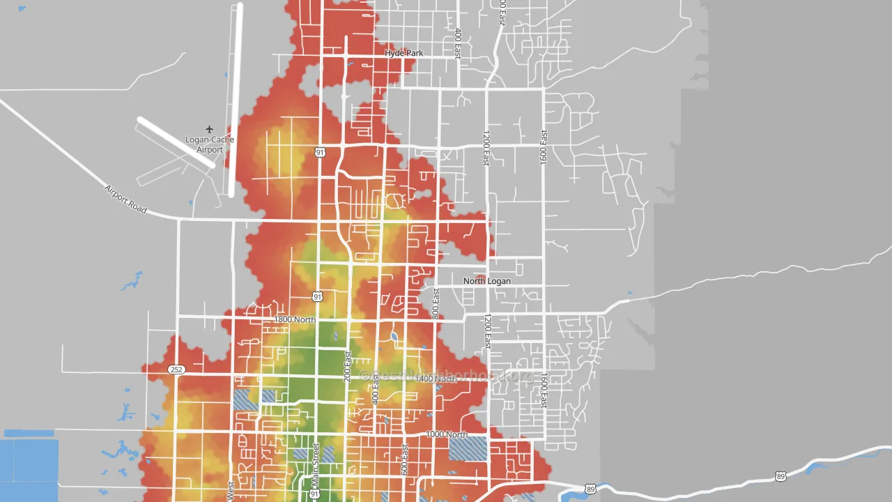 Walk Grade map of North Logan, UT, walkable areas in green and car-dependent areas in red