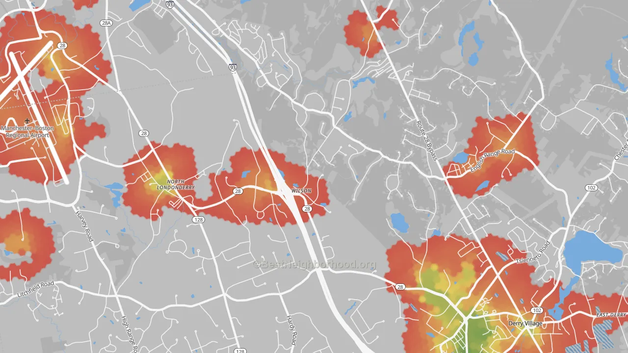 Walk Grade map of North Londonderry, NH, walkable areas in green and car-dependent areas in red