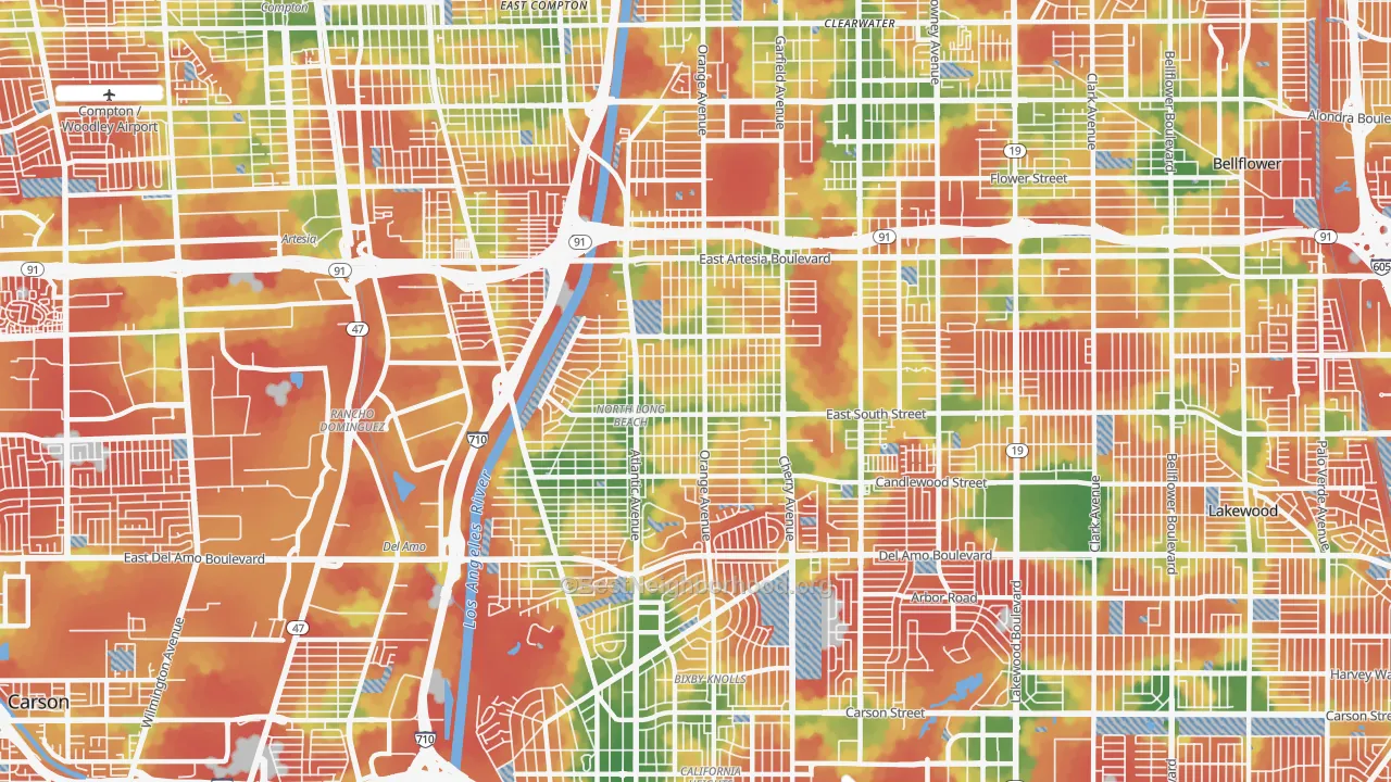 Walk Grade map of North Long Beach, Long Beach, CA, walkable areas in green and car-dependent areas in red