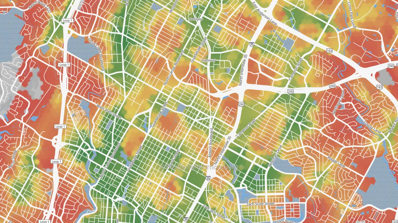 Walk Grade map of North Loop, Austin, TX, walkable areas in green and car-dependent areas in red