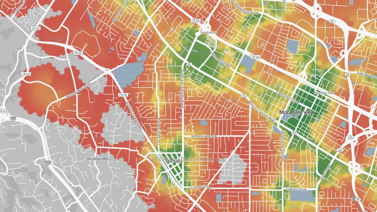 Walk Grade map of North Los Altos, Los Altos, CA, walkable areas in green and car-dependent areas in red