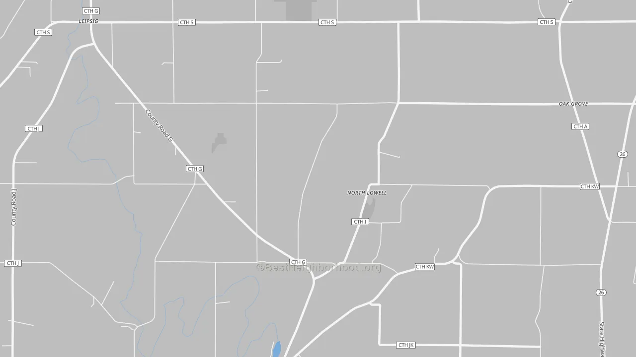Walk Grade map of North Lowell, WI, walkable areas in green and car-dependent areas in red