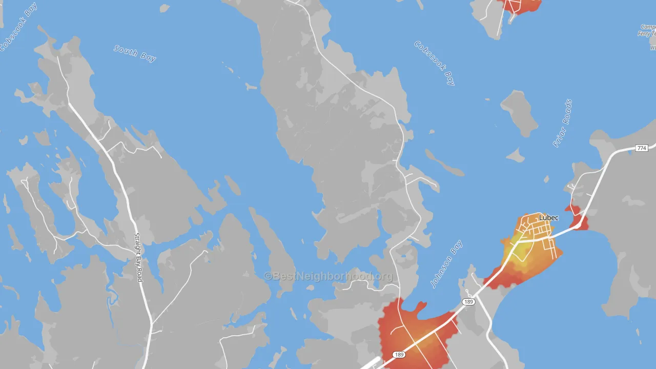 Walk Grade map of North Lubec, ME, walkable areas in green and car-dependent areas in red