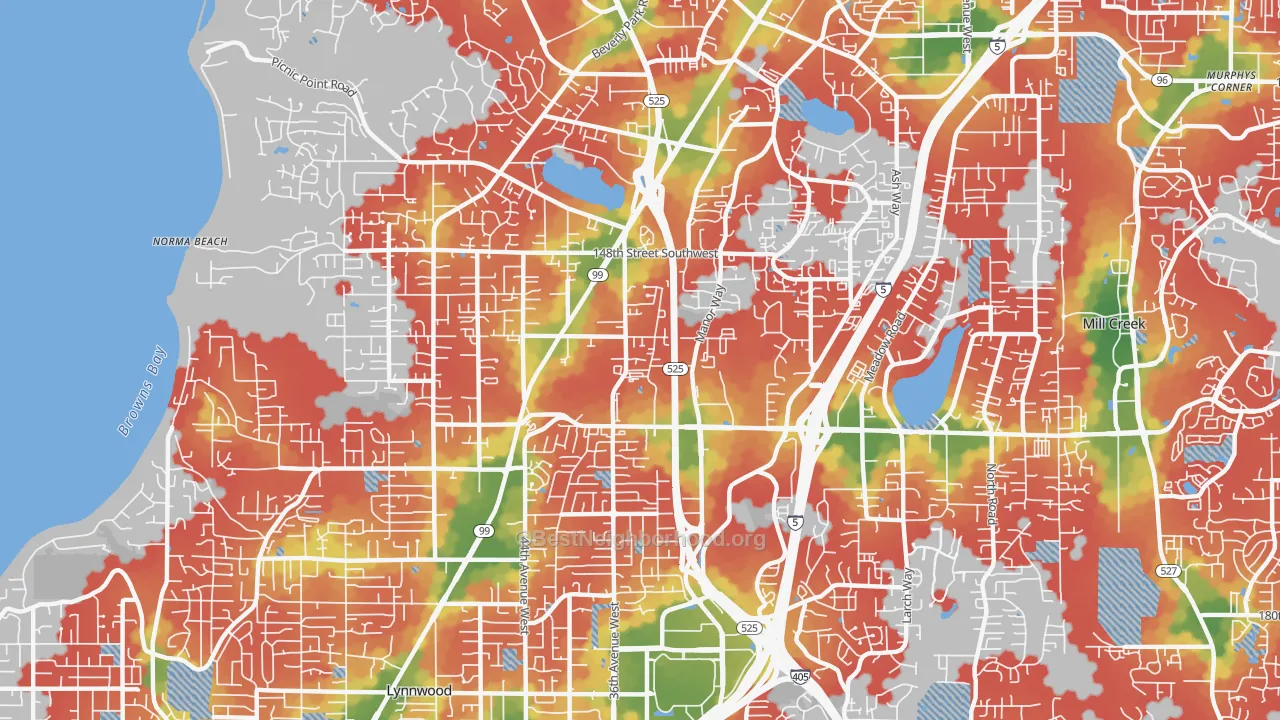Walk Grade map of North Lynnwood, WA, walkable areas in green and car-dependent areas in red
