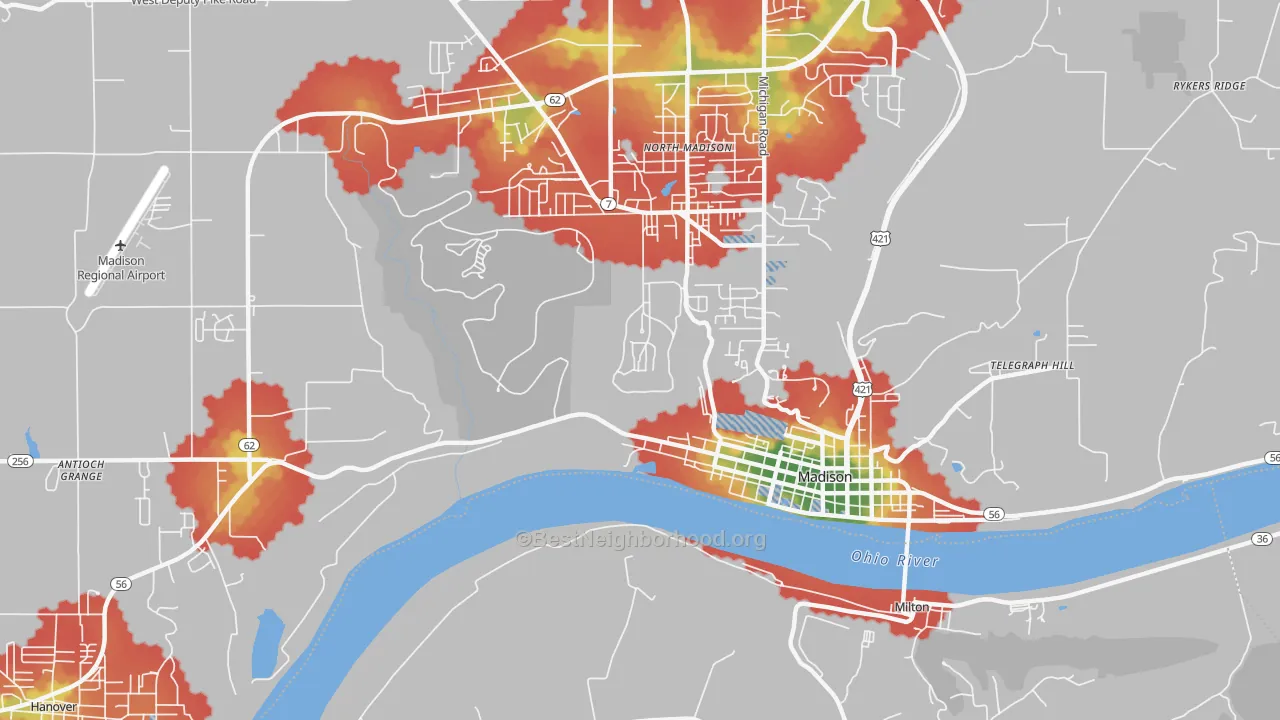 Walk Grade map of North Madison, IN, walkable areas in green and car-dependent areas in red