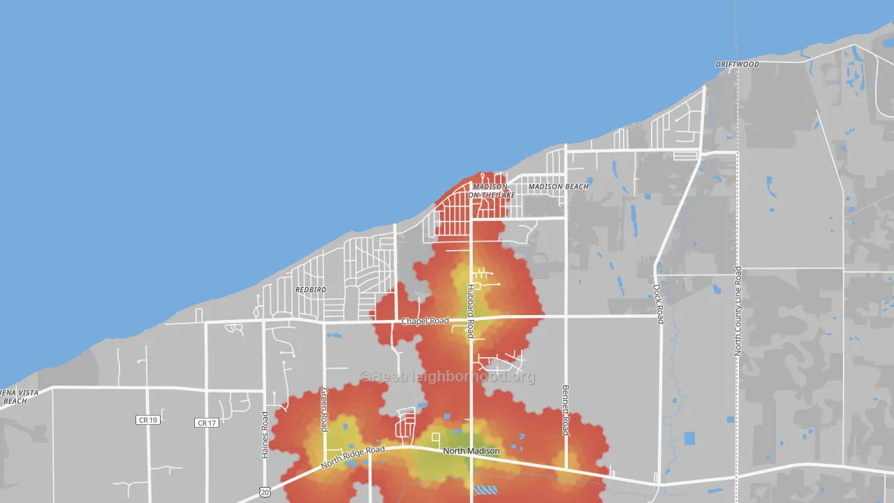Walk Grade map of North Madison, OH, walkable areas in green and car-dependent areas in red