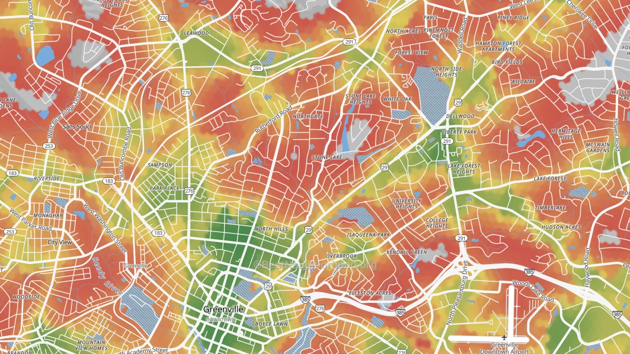 Walk Grade map of North Main, Greenville, SC, walkable areas in green and car-dependent areas in red