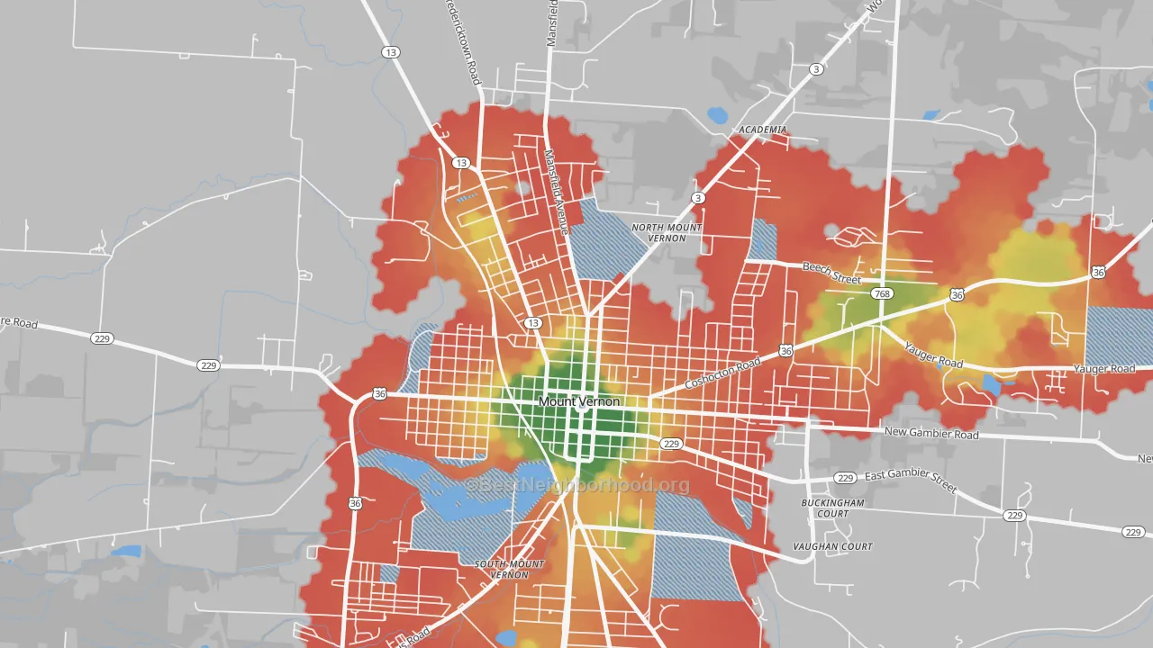 Walk Grade map of North Main Historic District, Mount Vernon, OH, walkable areas in green and car-dependent areas in red