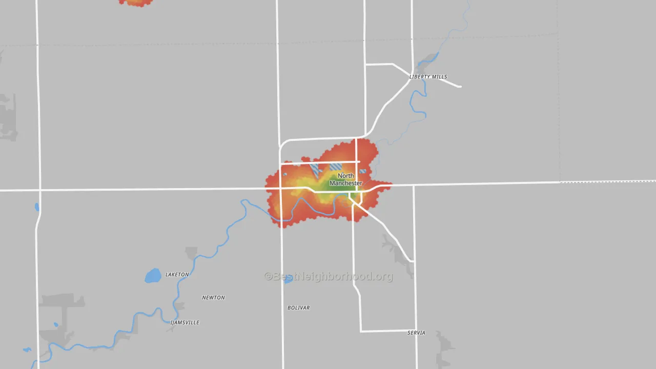 Walk Grade map of North Manchester, IN, walkable areas in green and car-dependent areas in red