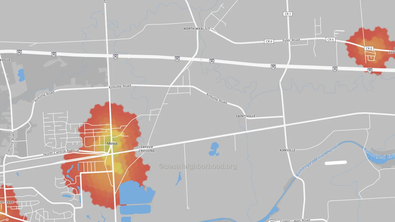 Walk Grade map of North Manlius, NY, walkable areas in green and car-dependent areas in red