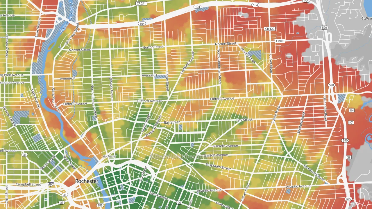 Walk Grade map of North Marketview Heights, Rochester, NY, walkable areas in green and car-dependent areas in red