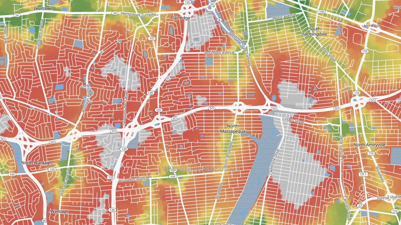 Walk Grade map of North Massapequa, NY, walkable areas in green and car-dependent areas in red