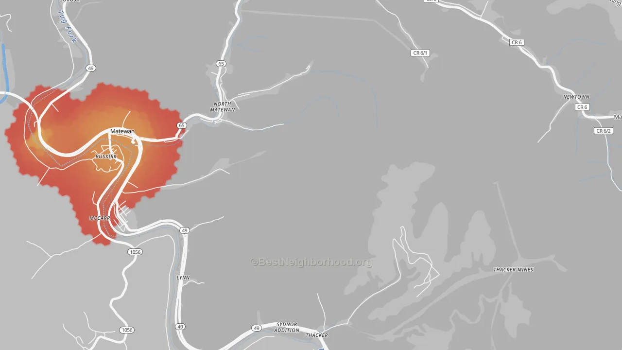 Walk Grade map of North Matewan, WV, walkable areas in green and car-dependent areas in red