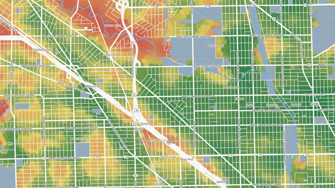 Walk Grade map of North Mayfair, Chicago, IL, walkable areas in green and car-dependent areas in red