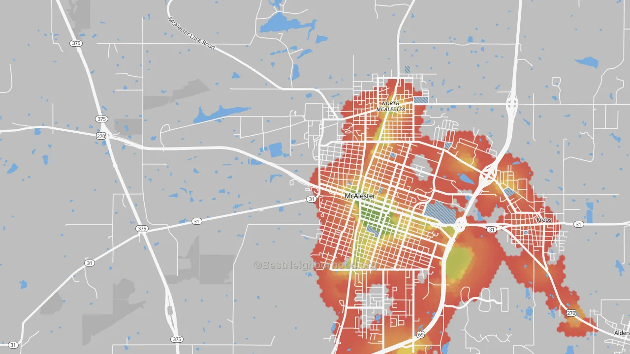 Walk Grade map of North McAlester, OK, walkable areas in green and car-dependent areas in red