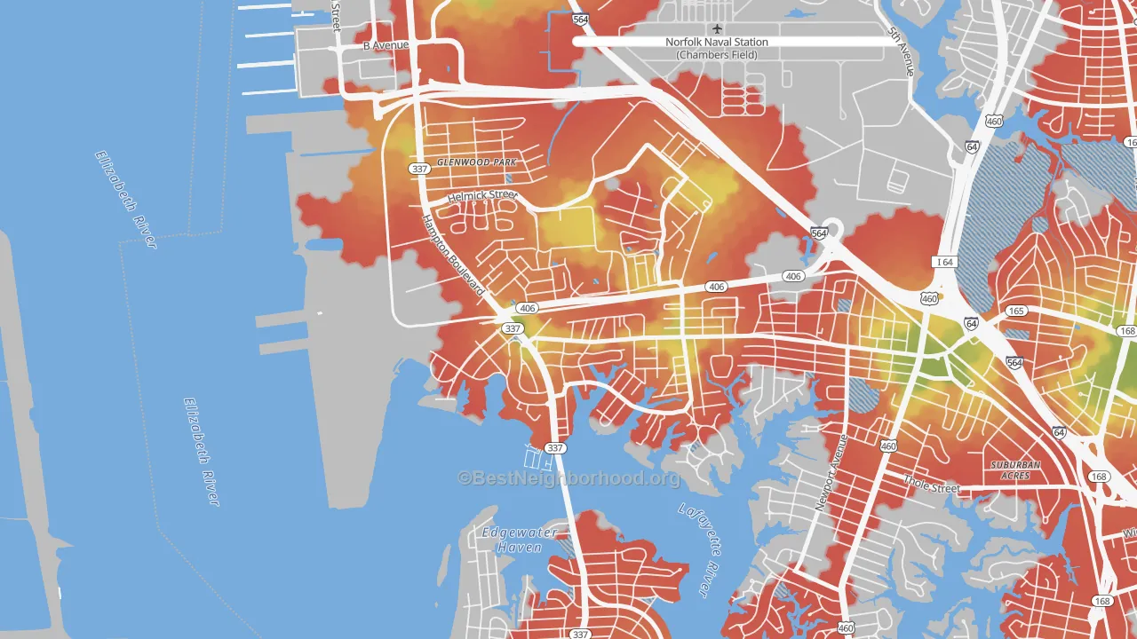 Walk Grade map of North Meadow Brook, Norfolk, VA, walkable areas in green and car-dependent areas in red
