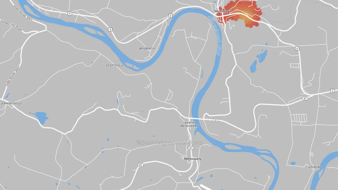 Walk Grade map of North Mehoopany, PA, walkable areas in green and car-dependent areas in red