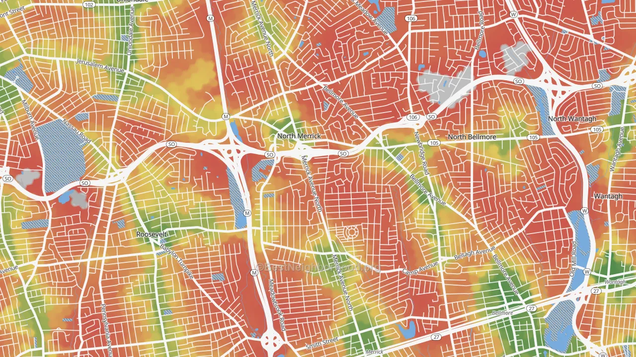 Walk Grade map of North Merrick, NY, walkable areas in green and car-dependent areas in red