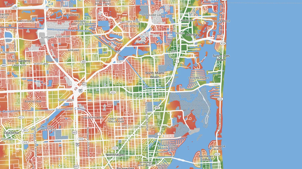 Walk Grade map of North Miami Beach, FL, walkable areas in green and car-dependent areas in red