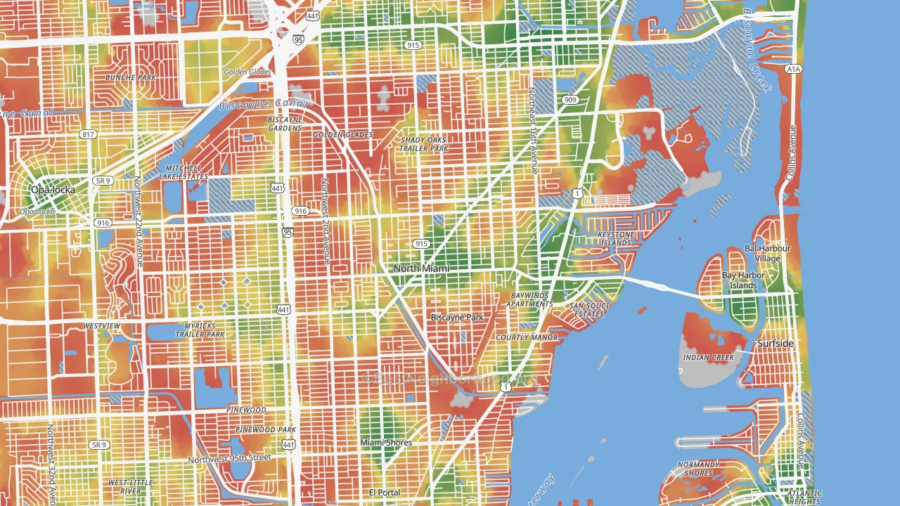 Walk Grade map of North Miami, FL, walkable areas in green and car-dependent areas in red