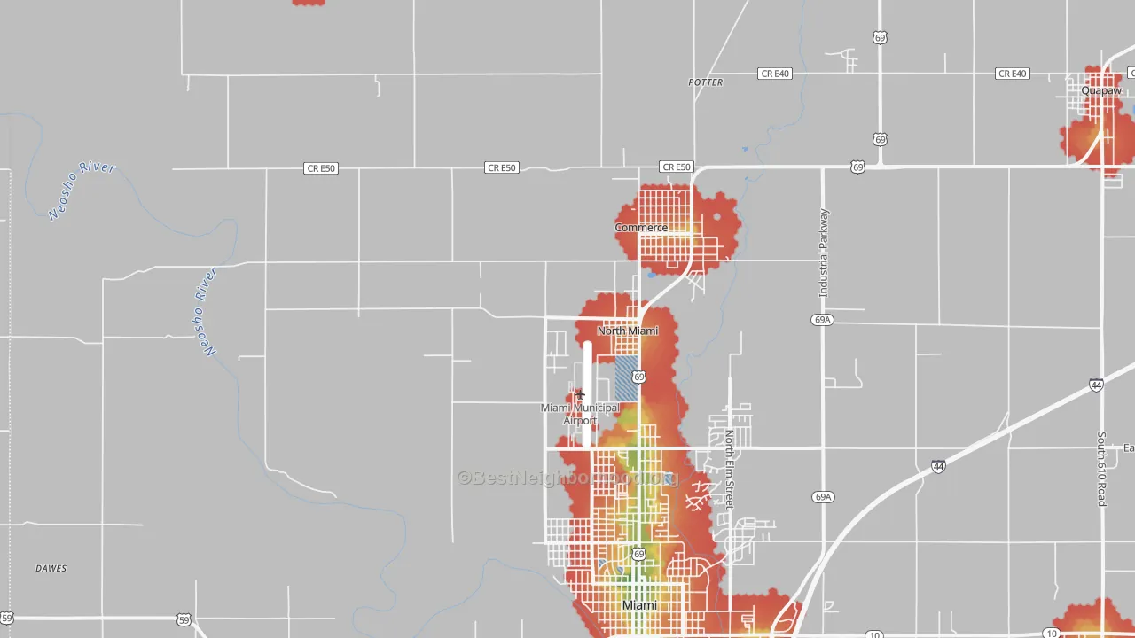 Walk Grade map of North Miami, OK, walkable areas in green and car-dependent areas in red