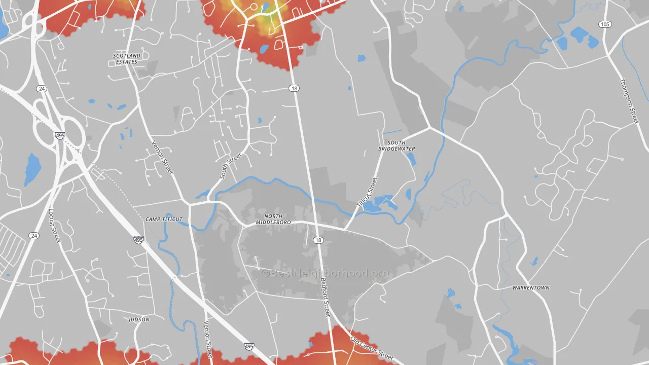 Walk Grade map of North Middleboro, MA, walkable areas in green and car-dependent areas in red
