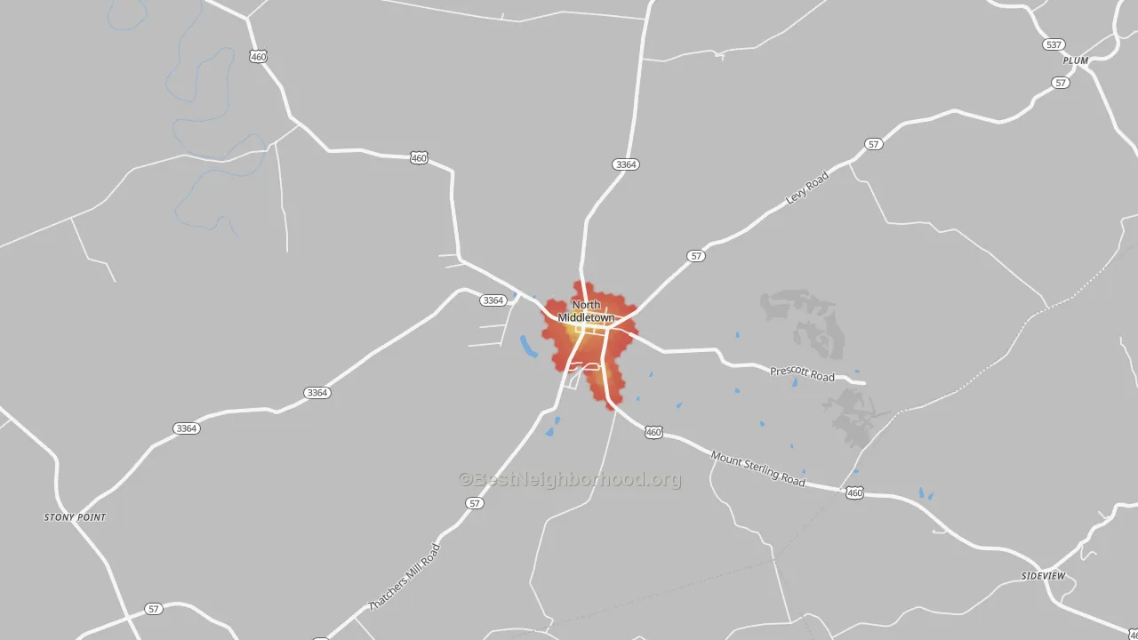 Walk Grade map of North Middletown, KY, walkable areas in green and car-dependent areas in red
