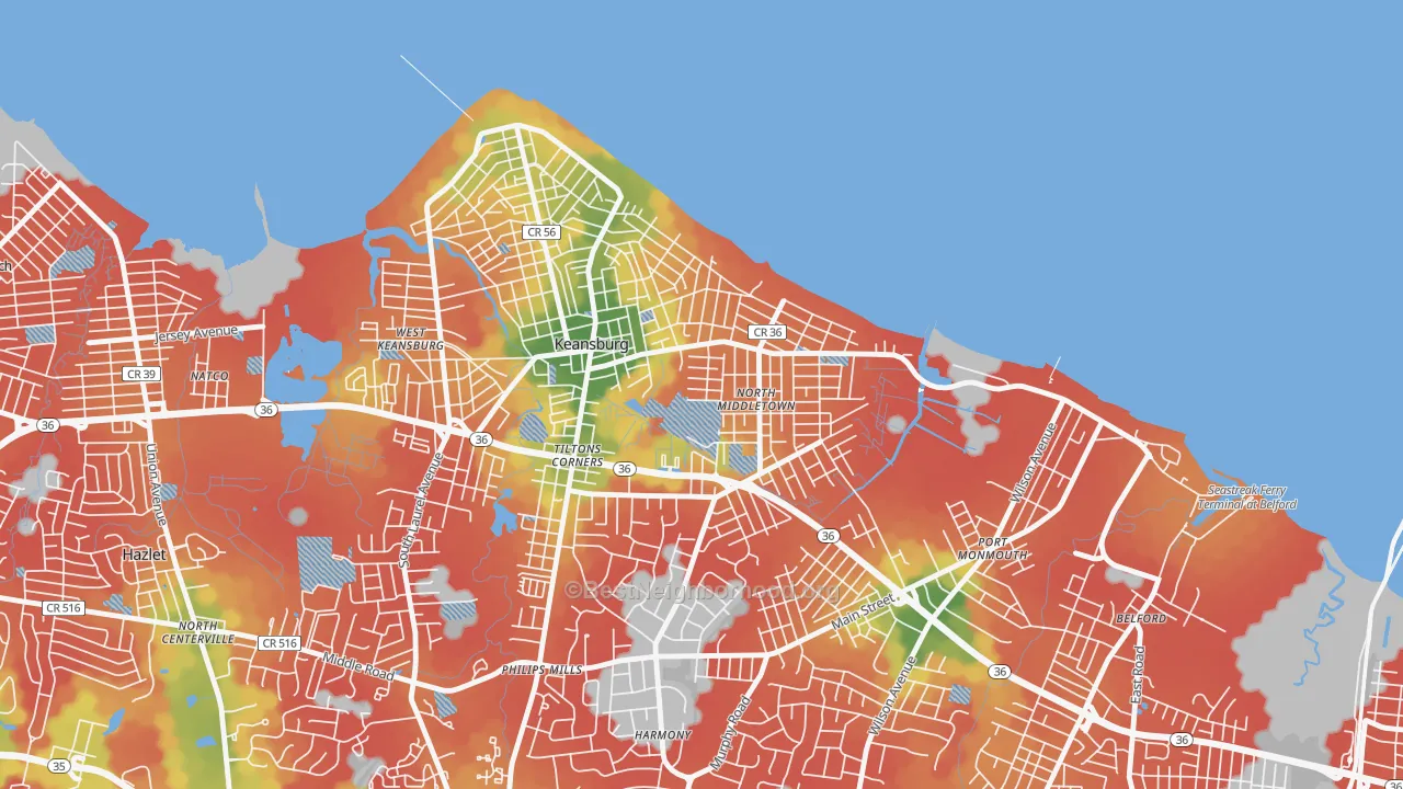 Walk Grade map of North Middletown, Middletown, NJ, walkable areas in green and car-dependent areas in red