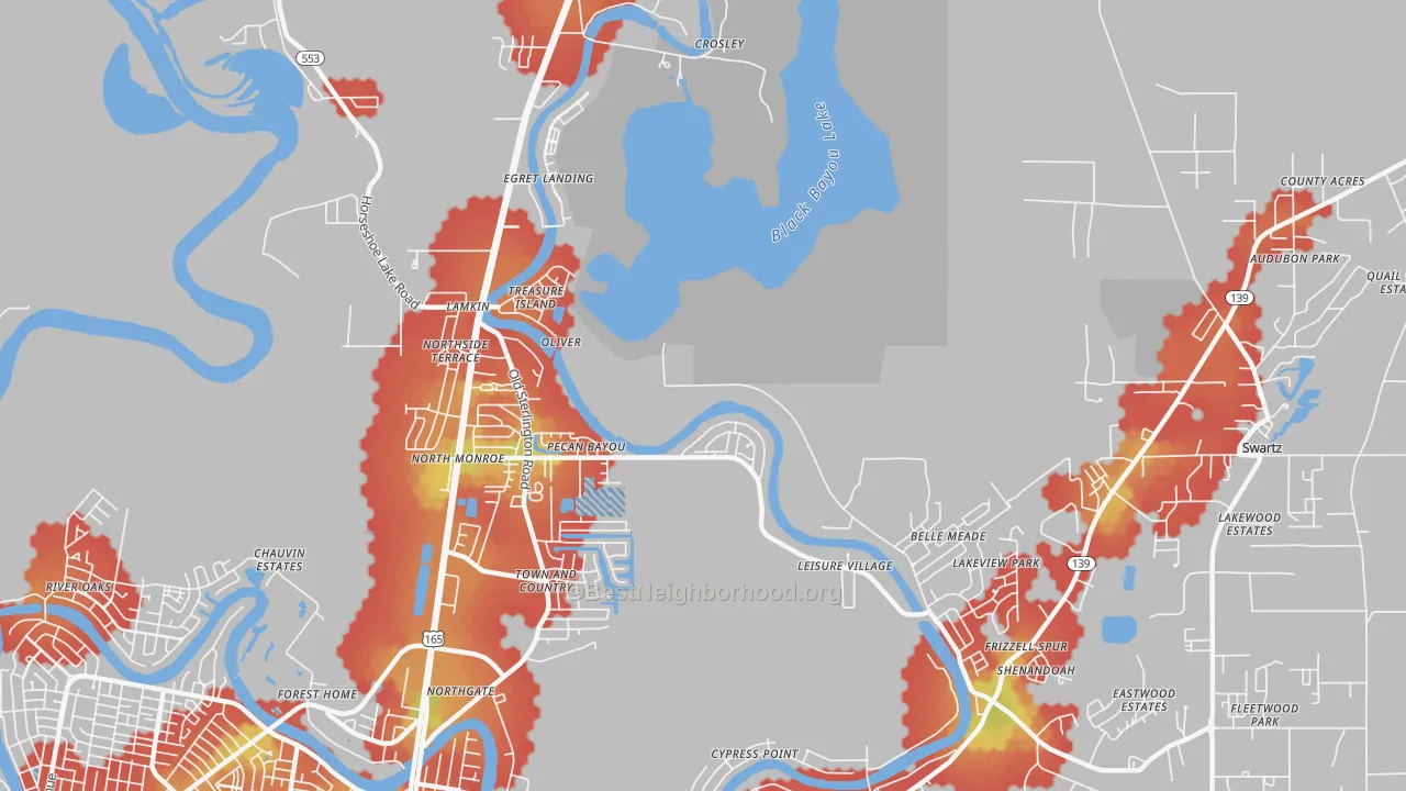 Walk Grade map of North Monroe, LA, walkable areas in green and car-dependent areas in red