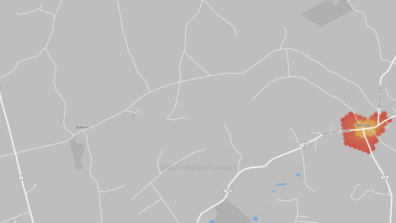 Walk Grade map of North Monroe, ME, walkable areas in green and car-dependent areas in red