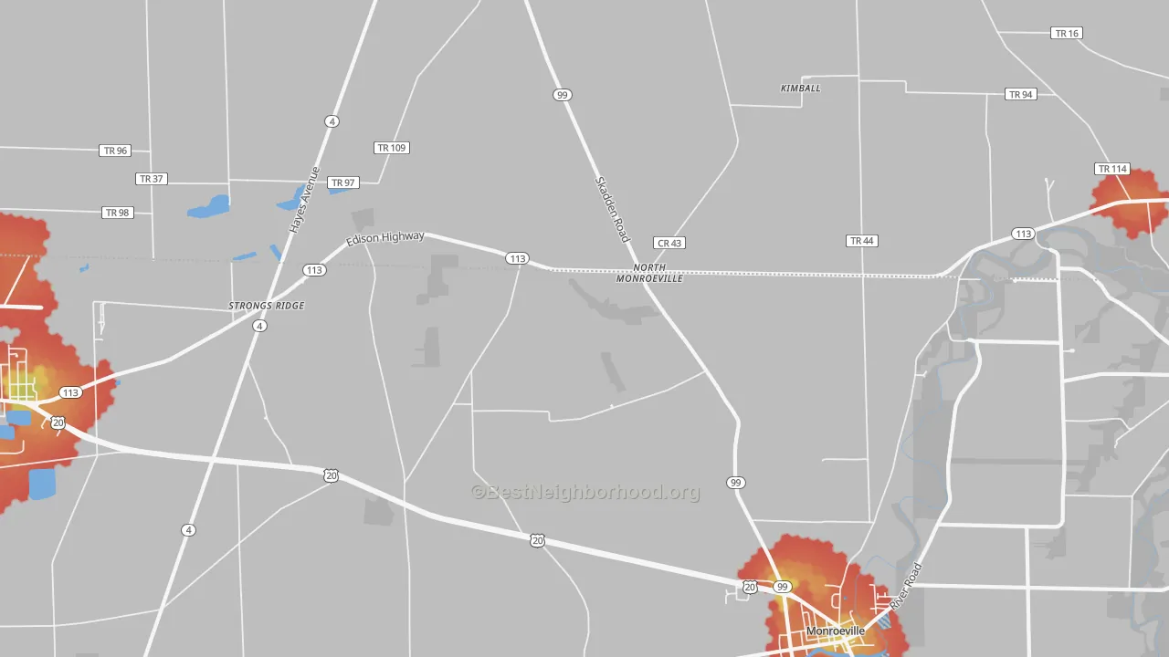 Walk Grade map of North Monroeville, OH, walkable areas in green and car-dependent areas in red