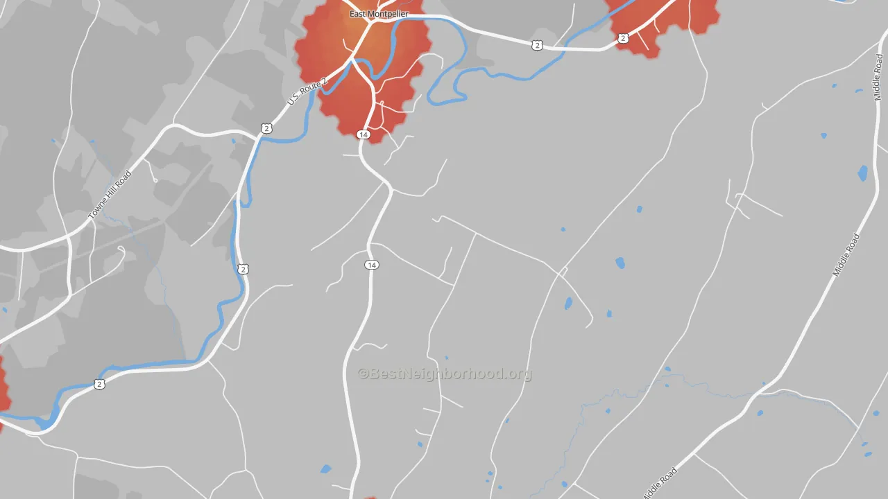 Walk Grade map of North Montpelier, VT, walkable areas in green and car-dependent areas in red