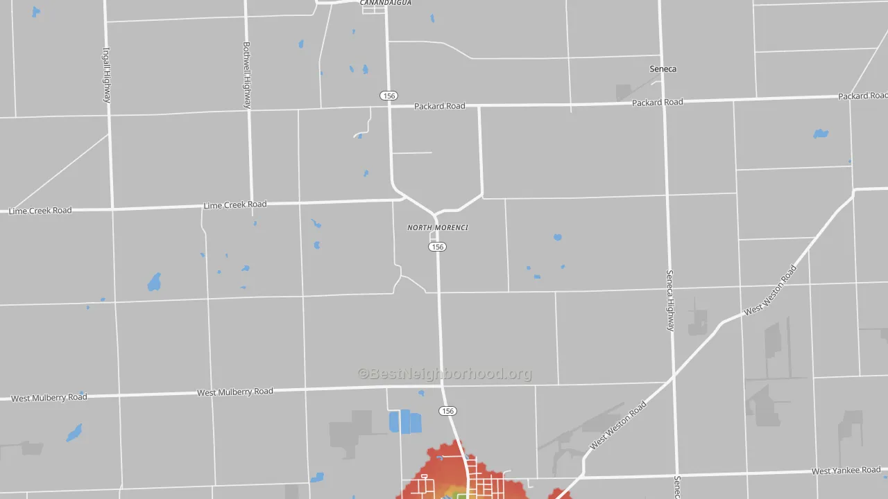 Walk Grade map of North Morenci, MI, walkable areas in green and car-dependent areas in red